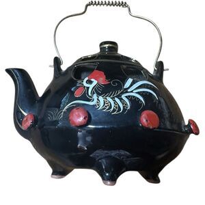 Vintage Thames Black Teapot Wall Pocket Rooster Design Japan Hand-Painted